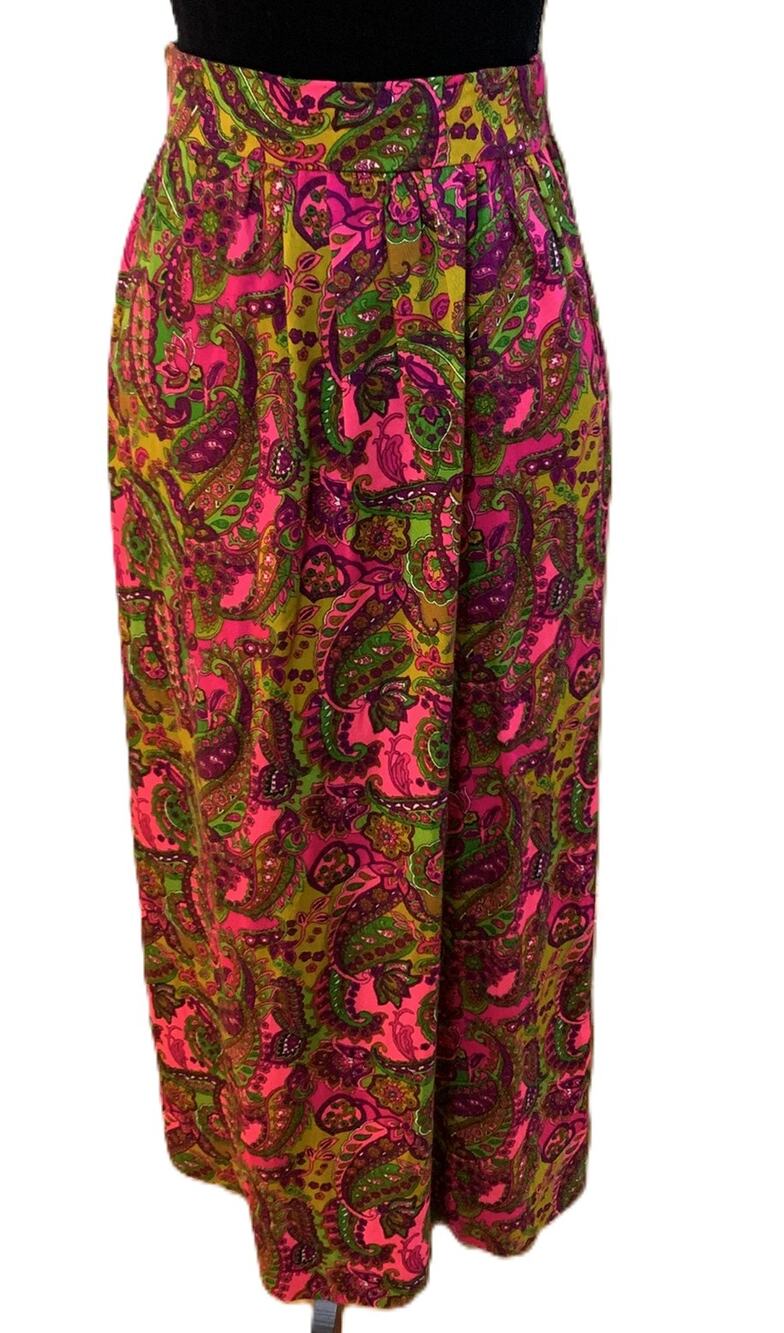 Vintage Maxi Long Skirt w/ Pink & Green Paisly & Flower Pattern Home Made